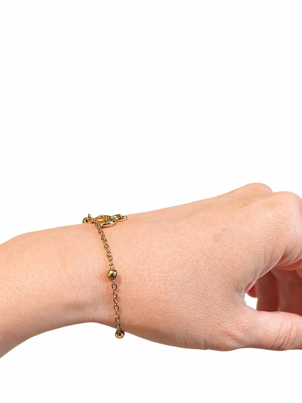 14K Gold Plated Bow Bracelet 10” Adjustable Dainty Chain Beaded Minimal - Picture 3 of 12